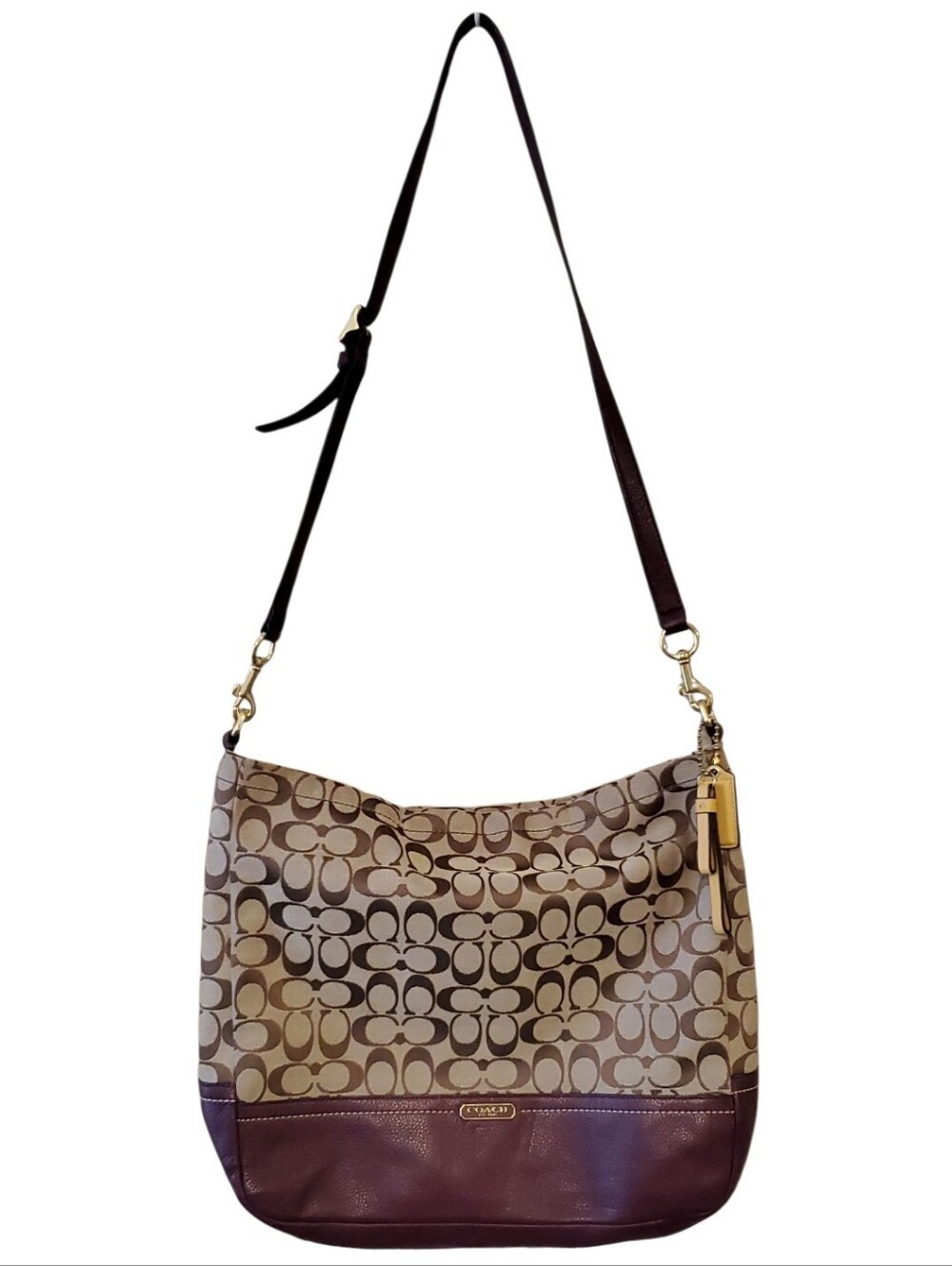 Coach Park Signature Hobo Bag In Brown Print With Burgundy Leather Trim